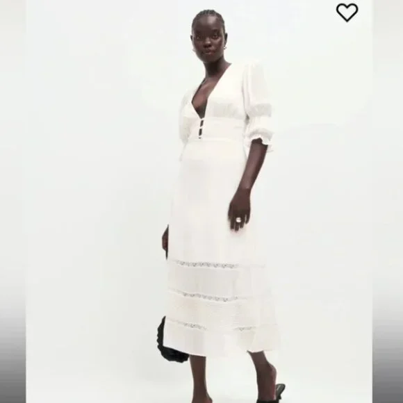 Reformation Ginny Lace-Trimmed Pintucked Georgette Midi Dress Size 6 Ivory White - Picture 10 of 15